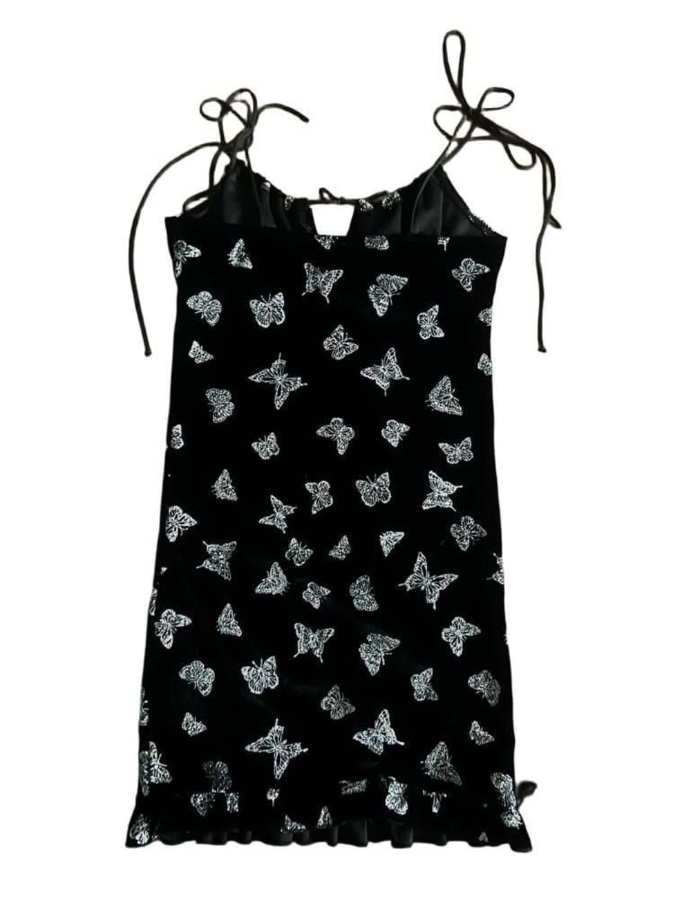 Motel Rocks Black Velvet Glitter Butterfly Ruffle Tie Strap Mini Dress,Size S